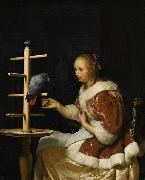 Frans van Mieris A Young Woman in a Red Jacket Feeding a Parrot oil painting reproduction